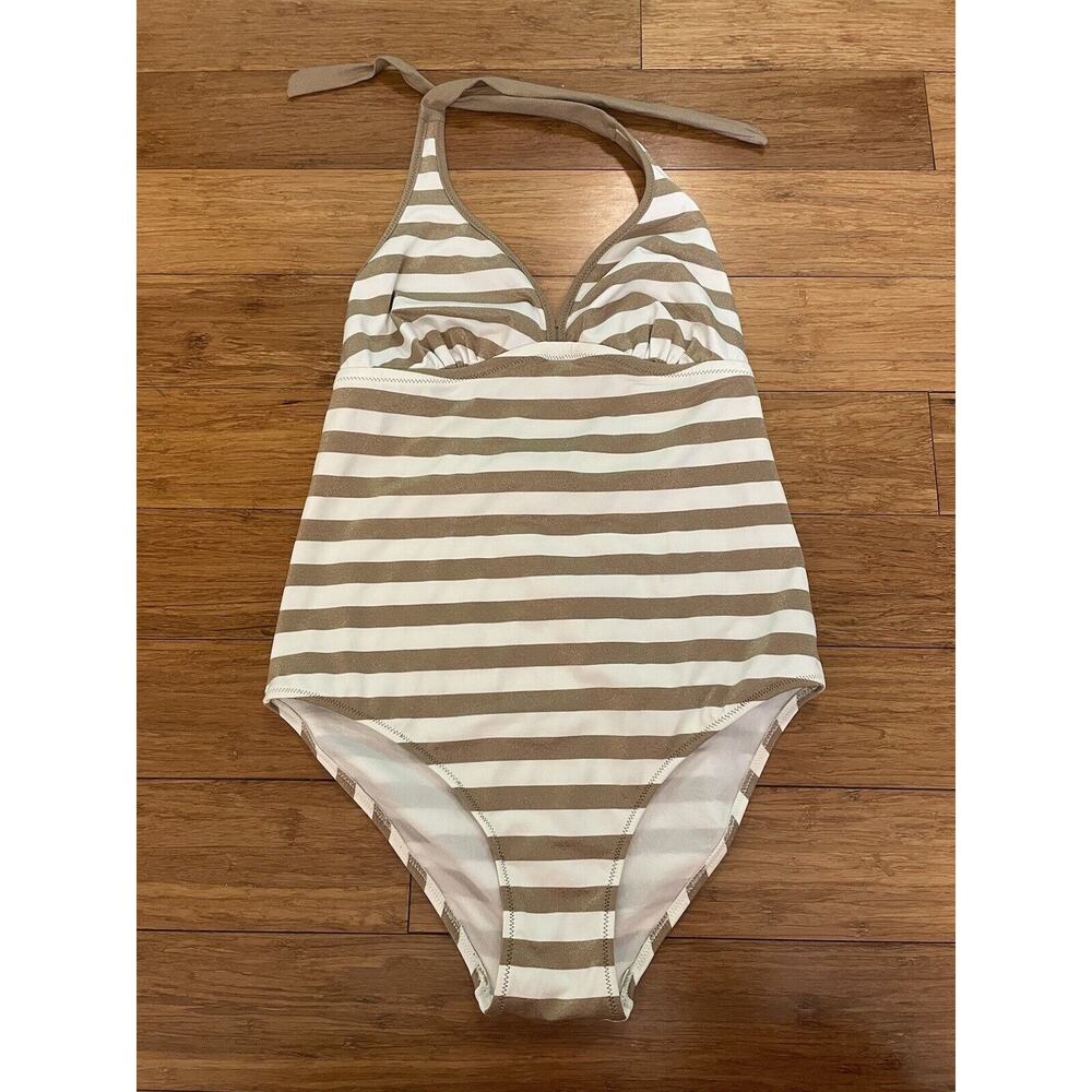 PEZ D'OR BARCELONA MATERNITY GOLD AND‎ WHITE STRIPE BATHING SUIT, SMALL 6/8